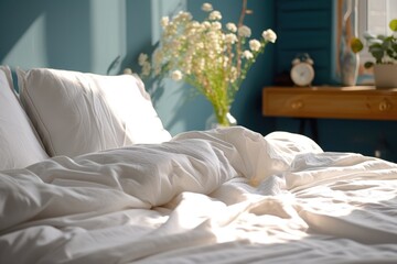 Organic cotton bed linen. The gentle morning light casting a warm glow on the crisp white bed linen, creating a tranquil and inviting bedroom atmosphere
