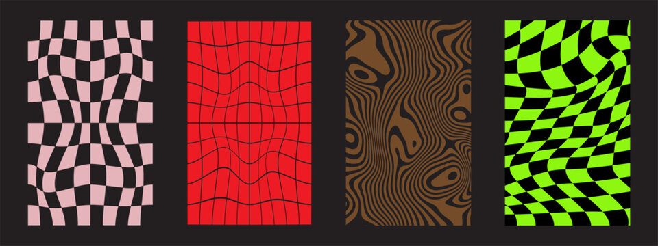 Set of distorted chessboard and curvy backgrounds. Psychedelic patterns with colorful warped squares and wavy lines. Groovy layouts in retro 60s 70s 80s 90s y2k style. Vector flat illustration
