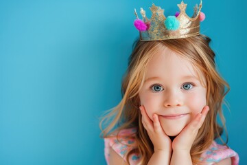 Little birthday girl with a gentle smile, wearing a shimmering tiara. on bright blue background with copy space..