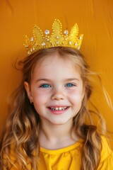 Little birthday girl with a gentle smile, wearing a shimmering tiara. on bright yellow background