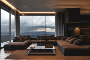 An avant-garde living room interior featuring unique sculptural furniture, with a sleek staircase and warm lighting enhancing the luxurious feel..