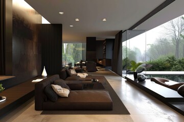 An avant-garde living room interior featuring unique sculptural furniture, with a sleek staircase and warm lighting enhancing the luxurious feel..