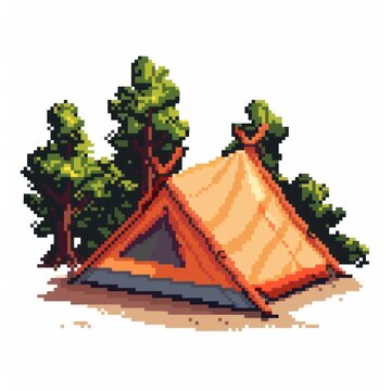 This retro style pixel art depicts an orange camping tent surrounded by green trees, invoking feelings of adventure and nostalgia for classic 8-bit video games