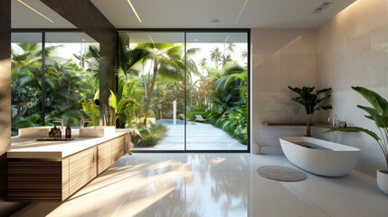Luxurious modern bathroom featuring a freestanding bathtub, floor-to-ceiling windows with a lush tropical view, and minimalist decor..