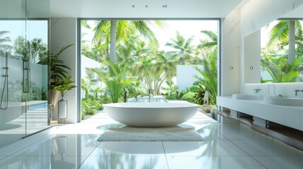 A modern and luxurious bathroom featuring a freestanding bathtub with floor-to-ceiling windows overlooking a lush tropical garden..