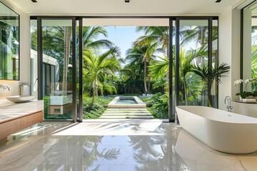 A modern and luxurious bathroom featuring a freestanding bathtub with floor-to-ceiling windows overlooking a lush tropical garden..