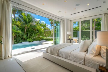 A sleek minimalist bedroom design with a luxurious bed and panoramic glass walls showcasing a stunning tropical landscape...