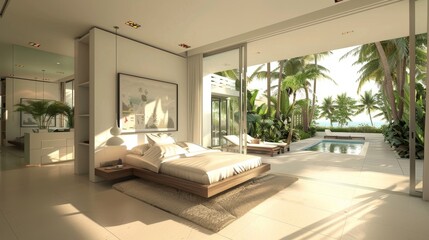 A sleek minimalist bedroom design with a luxurious bed and panoramic glass walls showcasing a stunning tropical landscape...