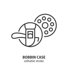 Bobbin case for sewing machine with spool line icon. Tailor equipment outline symbol. Editable stroke. Vector illustration. - 779242357