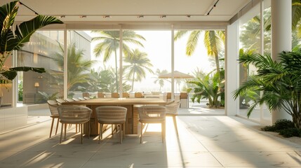Sleek modern dining room bathed in natural light, featuring a stylish glass table, designer chairs, and a stunning view of the tropical outdoors..