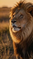 Obraz premium Close up view of a majestic male lion bathed in the warm glow of a setting sun in the vast African savanna