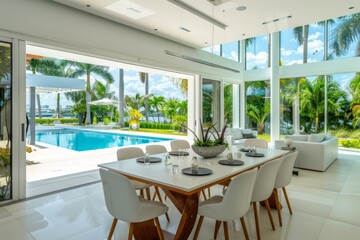 An expansive, well-lit living and dining area with large windows that offer a serene view of the pool and surrounding tropical greenery..