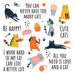 Funny and cute cats with text vector set. Cartoon cats characters design collection with flat color in different poses. Set of funny pet animals on white background.