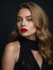 Fototapeta premium Woman Wearing Black Dress And Red Lipstick, A Portrait of Red-Lipped Beauty on Black Backdrop, Enigmatic Elegance