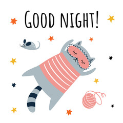 Good night. Funny and cute grey cat with text vector. Cartoon cats characters design collection with flat color in different poses. Set of funny pet animals isolated on white background.