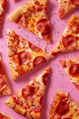 Photography slices of pizza on pink background.