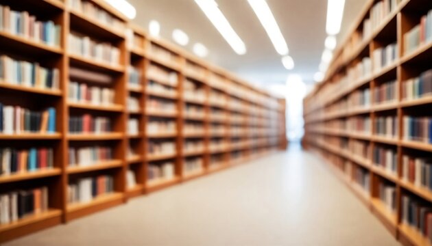 Abstract blurred public library interior space. blurry room with bookshelves by defocused effect. business or education concepts created with generative ai