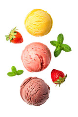 Strawberry ice cream and pieces of fruit on a white background
