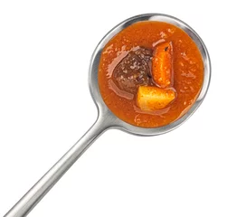Poster Beef stew in spoon isolated on white background, top view © xamtiw