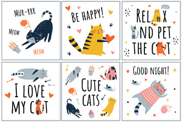 Cute red black and grey cats with text set. Cartoon cats characters design collection with flat color in different poses. Set of funny pet animals isolated on white background.