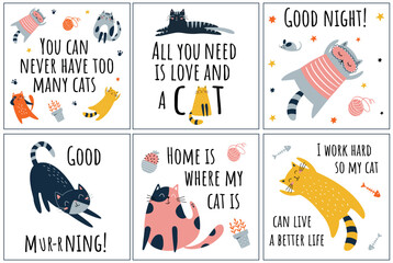 Cute and funny red black and grey cats with text set. Cartoon cats characters design collection with flat color in different poses. Set of funny pet animals isolated on white background.