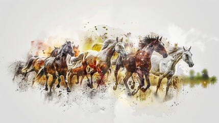 A watercolor-style rendering brings a herd of horses to life, as they charge forward in a riot of color, blending the raw power of nature with the gentle touch of art.