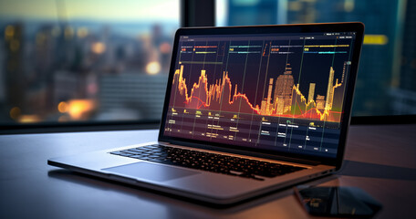 Laptop with stock graph and business finance Finance analytics dashboard management showcased displaying stock market charts  on city skyline background 
