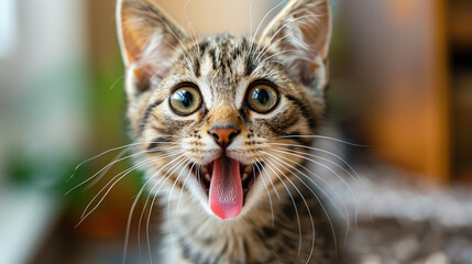 curiosity tabby kitten with striking green eyes and pink tongue playfully poking out - obrazy, fototapety, plakaty