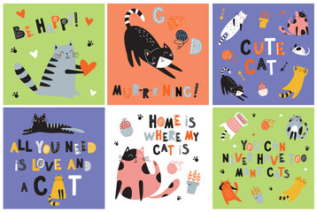 Cute red black and grey cats with text set. Cartoon cats characters design collection with flat color in different poses. Set of funny pet animals on color background.