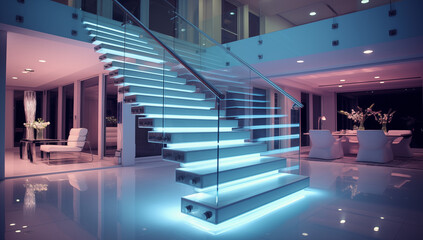 High-tech home with a staircase integrating smart lighting and digital displays contemporary staircase with glass railings and LED lighting concept for succes