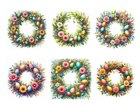 Set of wreaths of floral arrangements with flowers and easter eggs. Easter Pack. Spring holidays. Easter floral frame.
