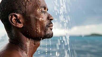 Close-up of an African man's face as he savors the rain, with water droplets cascading down his skin, symbolizing refreshment and renewal.
