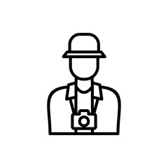 
tourist icon is traveling while carrying a camera,vector illustration of tourist in outline style isolated on white background