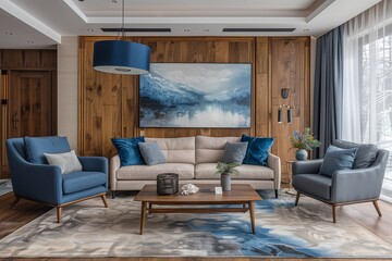 An elegantly designed modern living room featuring stylish blue chairs, a plush sofa, and an abstract art piece that adds a touch of sophistication