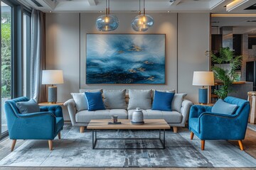 A beautifully appointed spacious living room with cozy blue accents, modern furniture, and a captivating large-scale abstract art piece