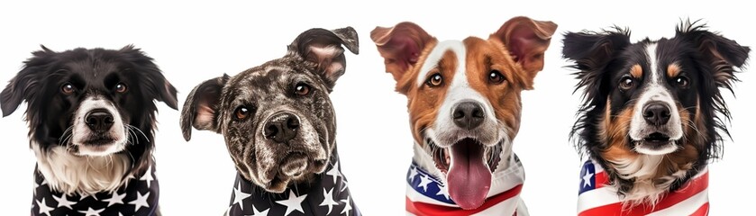 Patriotic 3D dogs wearing stars and stripes bandanas for July 4th, on white