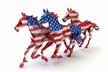 Patriotic 3D horses with American flags for Presidents Day, bright on white