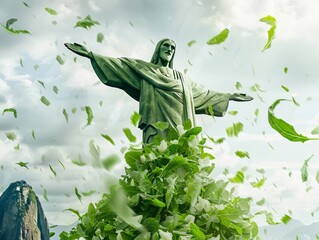 Caesar salad leaves fluttering around Christ the Redeemer, with a health tracking tech interface - obrazy, fototapety, plakaty
