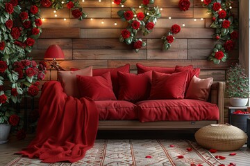 A romantic setting with a red velvet sofa surrounded by red roses and warm wooden textures, embodying love and comfort