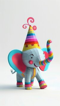 3D elephants with party hats for Labor Day picnic, colorful and joyful, on white