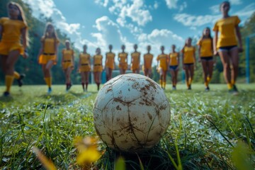 Well-used soccer ball on natural grass with a full team lined up in the background ready to play