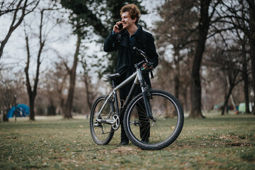 Fototapeta premium Outdoor portrait of a smiling young man talking on the phone while standing with his bicycle in a park setting.