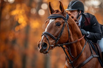 An equestrian rider in formal attire competes on a beautifully groomed bay horse against a warm autumn backdrop