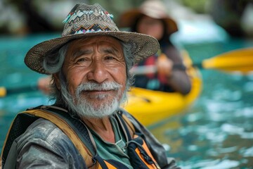 Senior man with a distinctive hat smiles on a boat, ready for an adventure