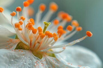 A close-up view of a pristine white flower, adorned with shimmering drops of water - Powered by Adobe
