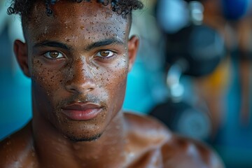 Sweaty young male with serious expression poses after intensive training in a gym, showcasing his...