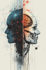 Illustration depicting half-human, half-robot face, neural networks and artificial intelligence concept 