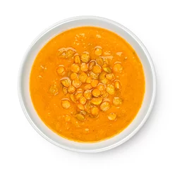 Poster Lentil cream soup isolated on white background, top view © xamtiw