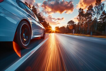 This image captures the essence of speed and luxury as a high-end car drives along a highway, bathed in the warm light of the setting sun