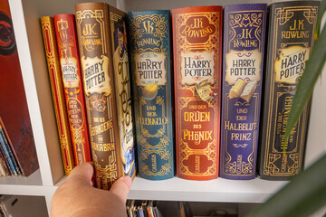Naklejka premium Magical Collection books Rowling Harry Potter, appealing to book lovers, Children's Entertainment, Friendship and Self-Discovery, Frankfurt - December 22, 2023